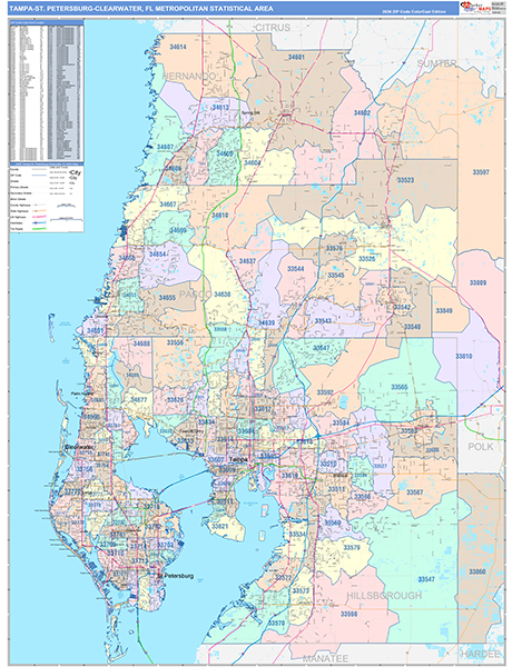 Tampa-St Petersburg-Clearwater Metro Area Wall Map Color Cast Style